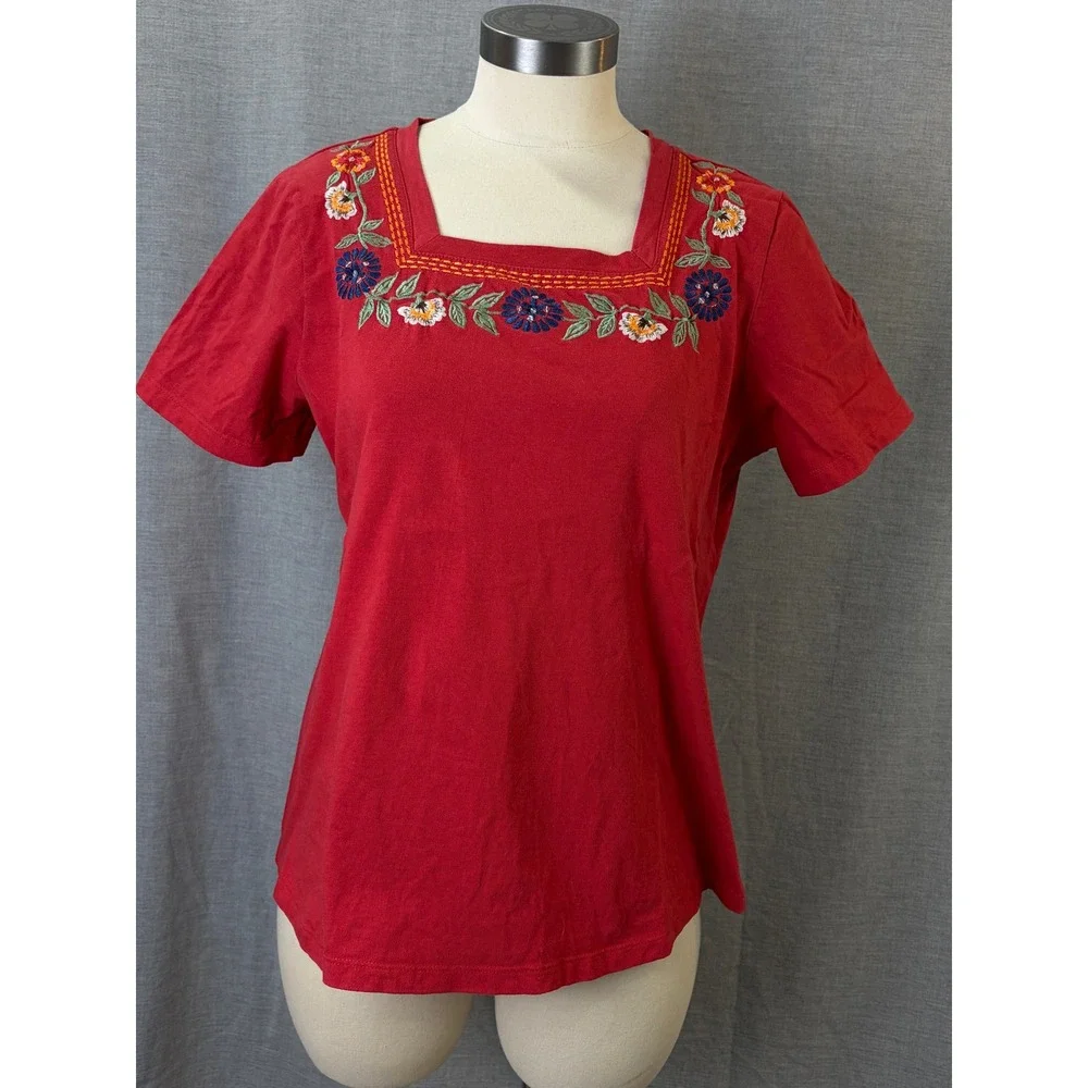 Vermont Country Store Red Floral Embroidered Cotton Square Neck Top M Boho - Picture 1 of 8